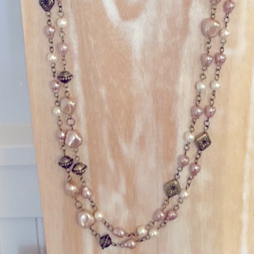 Set of 2 Pink Cream Faux Pearl Long Beaded Necklaces Bronze Tone Boho 32" 33"